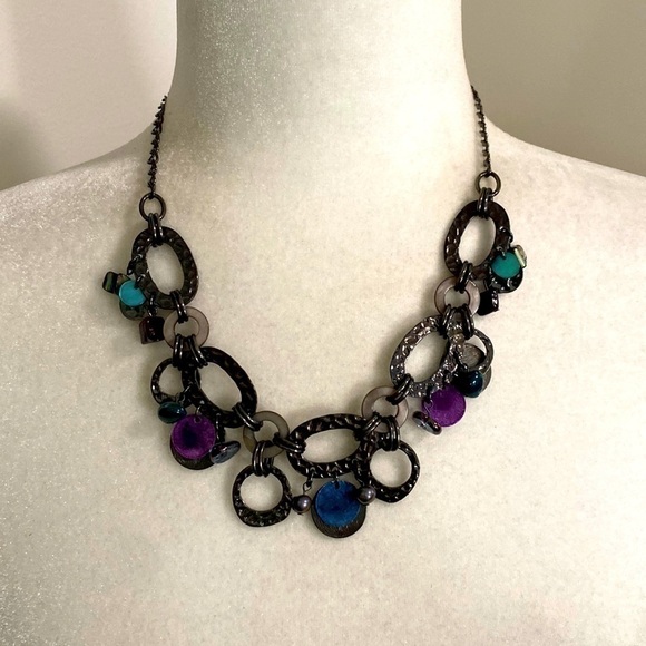 Edgy Gunmetal Hammered Textured Loop Linked Chain Necklace Purple Teal Vintage - Picture 6 of 16